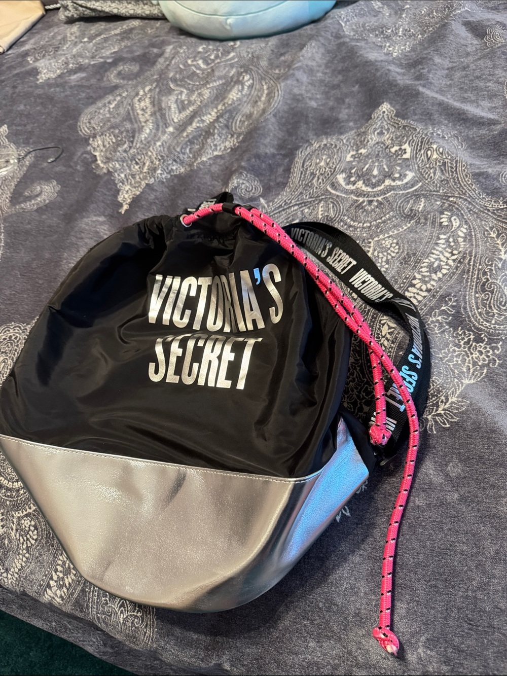 Victoria's Secret Black Drawstring Backpack with Silver Base and Pink Drawcords